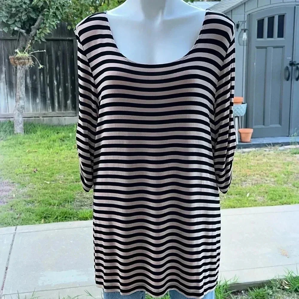 CHICO’S TRAVELERS Women’s Size 3 (Large)  Black/Tan Stripes 3/4 Sleeves Tunic